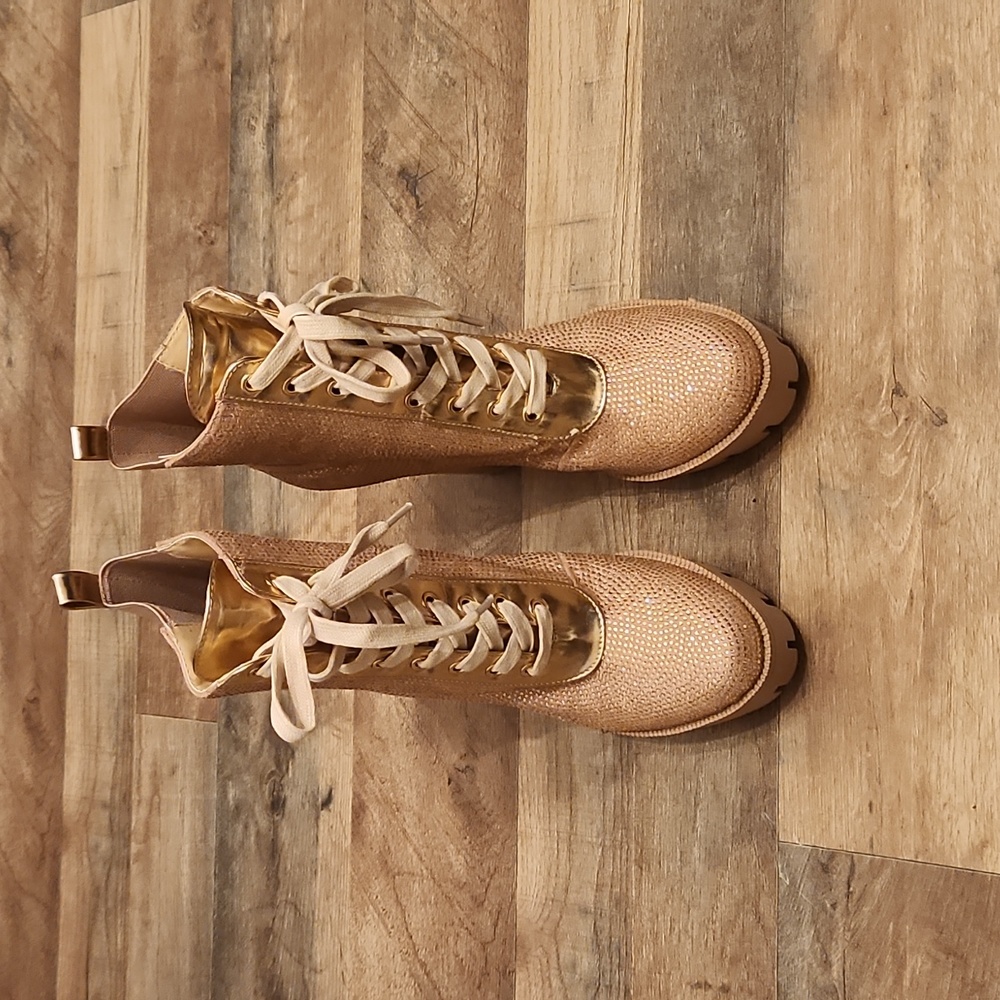 Fashion Nova Gold Glitter Lace-Up Ankle Boots